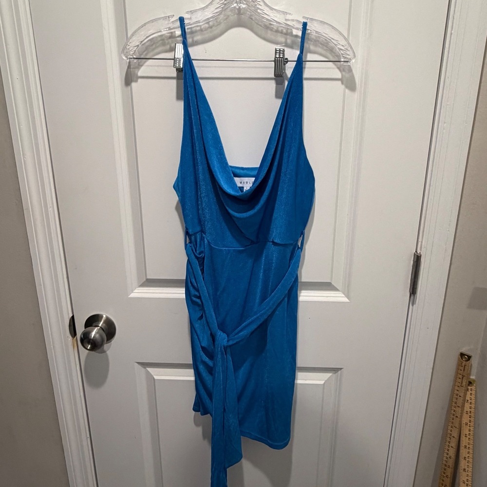 MABLE Women Mini Dress Cowl Neck Tie‎ Waist Blue Size Large